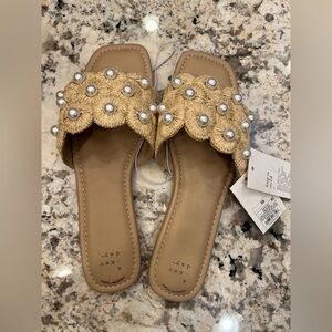 Chic Tan Pearl Embellished Slide Sandals